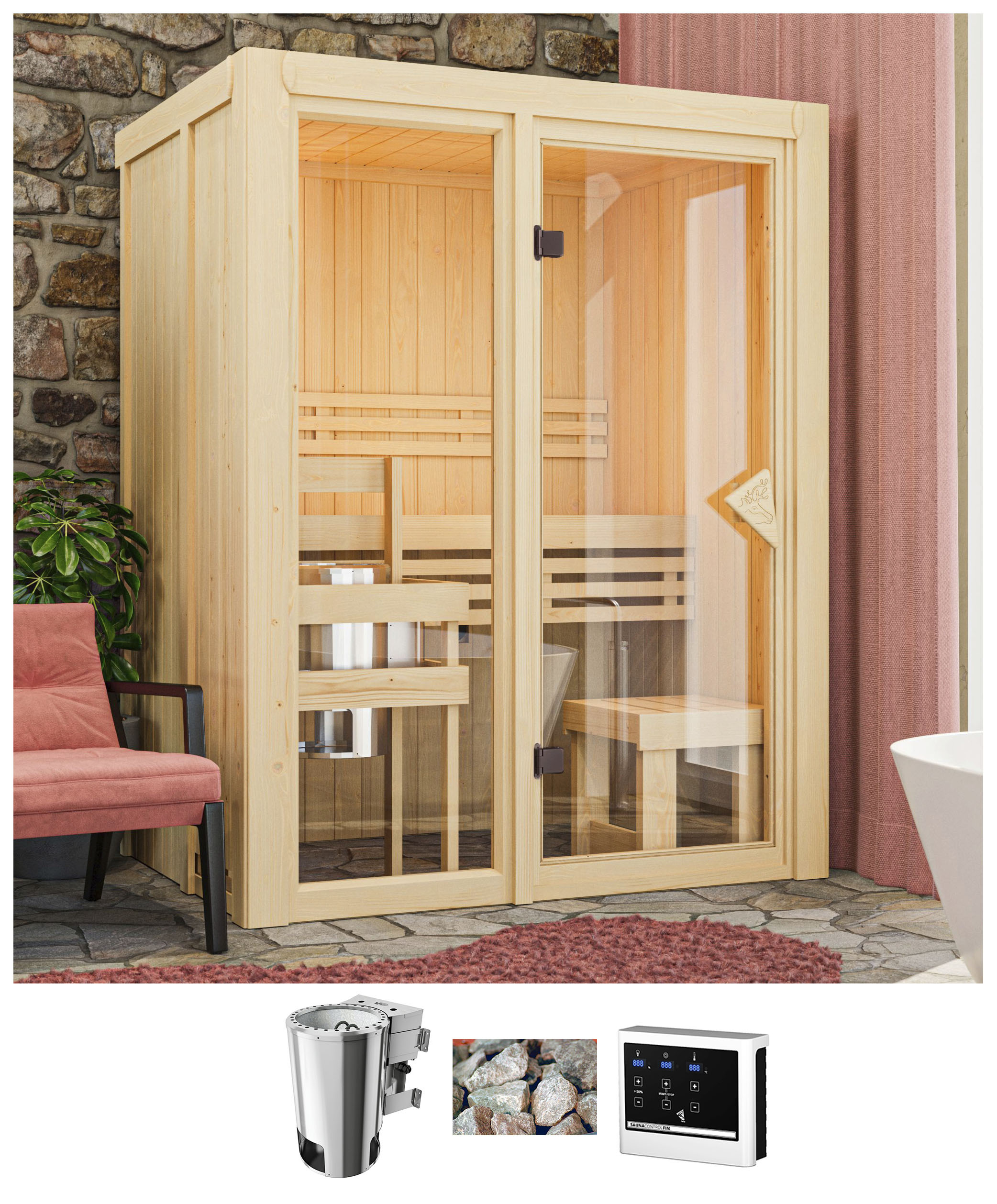 Sauna KARIBU "Alani 1", beige (natur), Bio-Ofen, externe Steuerung, 3,6 kW, Saunen, mit Ofen 3,6 kW Bio ext. Strg. Image