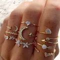 New Boho Gold Color Heart Rings Set For Women Vintage Geometric Cross Pearl Butterfly Finger Ring