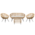 4-Sitzer Lounge Set Natürlich Rattan 4-Teilig Gartensofa 2 Gartenstühle und Couchtisch mit Schwarzem Metallgestell Auflagen Hellbeige Outdoor