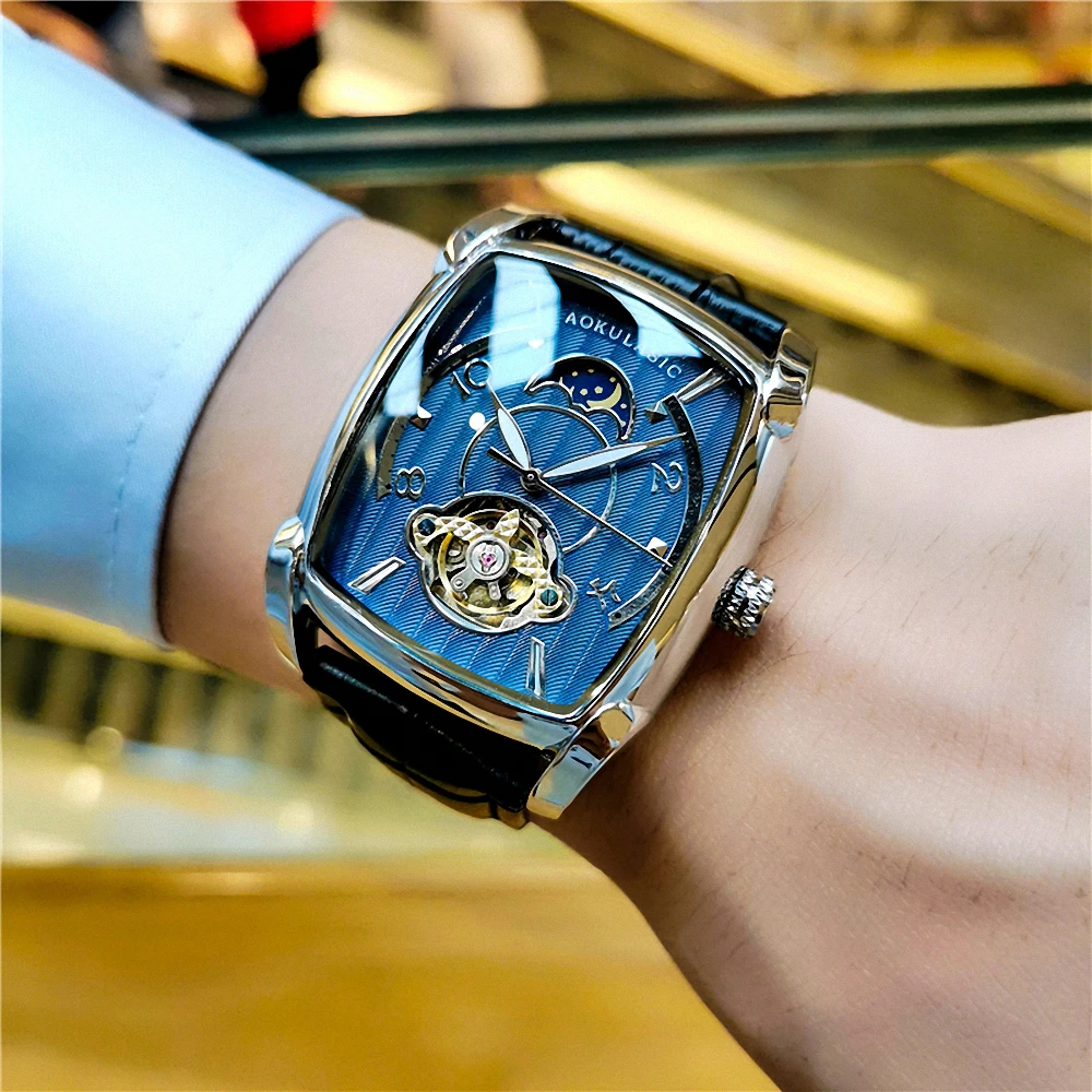 Tonneau Mondphase Automatikuhr für Herren Luxusmarke Tourbillon Skelett Mechanische Uhren Ledergürtel Leuchtzeiger Uhr Image