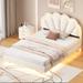 Full Size Wooden Slats Platform Bed Upholstered Smart LED Bed W/ Flowers Shaped Headboard, Bedroom Floating Platform Bed, Beige