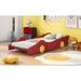 Children Wood Toddler Bed, Full Size Race Car-Shaped Platform Bed Frames for Kids, Wooden Bed with Wheels for Boys & Girls