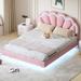 Queen Size Wooden Slats Platform Bed Upholstered Smart LED Bed W/ Flowers Shaped Headboard, Bedroom Floating Platform Bed, Pink