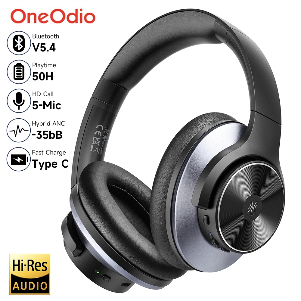 Oneodio A10 Cuffie Bluetooth 5.4 ibride con cancellazione attiva del rumore con audio ad alta risoluzione Cuffie wireless sopra l'orecchio ANC con 5 microfoni