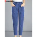 Jeans blu alla caviglia Vintage a vita alta Harem pantaloni in Denim elastico Large Size 4xl donna