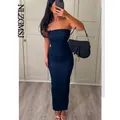 Muslimex TRAF Sexy senza spalline Backless Zipper Split Dress Party Blue Denim abito lungo femminile