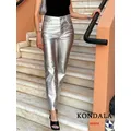 KONDALA Streetwear pantaloni in PU argento donna tasche a vita alta pantaloni dritti moda 2023 Y2K