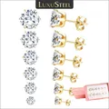 LUXUSTEEL 6 paia/set CZ orecchini a bottone in acciaio inossidabile rotondo bianco Cubic Zirconia