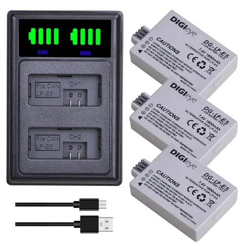 Batteria LP-E5 LPE5 da 1800 mAh + caricabatterie LED TypeC per Canon EOS Rebel XS, Rebel T1i, Rebel XSi, 1000D, 500D, 450D, Kiss X3,X2,F