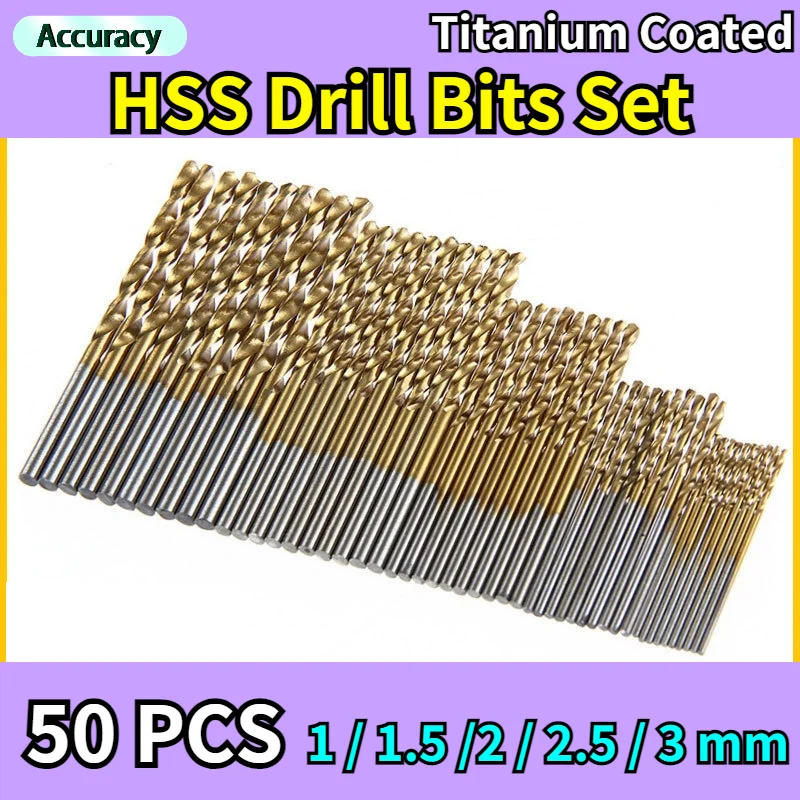 50 Pz Punte da trapano professionali rivestite in titanio HSS Punte da trapano in acciaio ad alta velocità Set di utensili Utensili elettrici di alta qualità 1/1.5/2/2.5/3mm