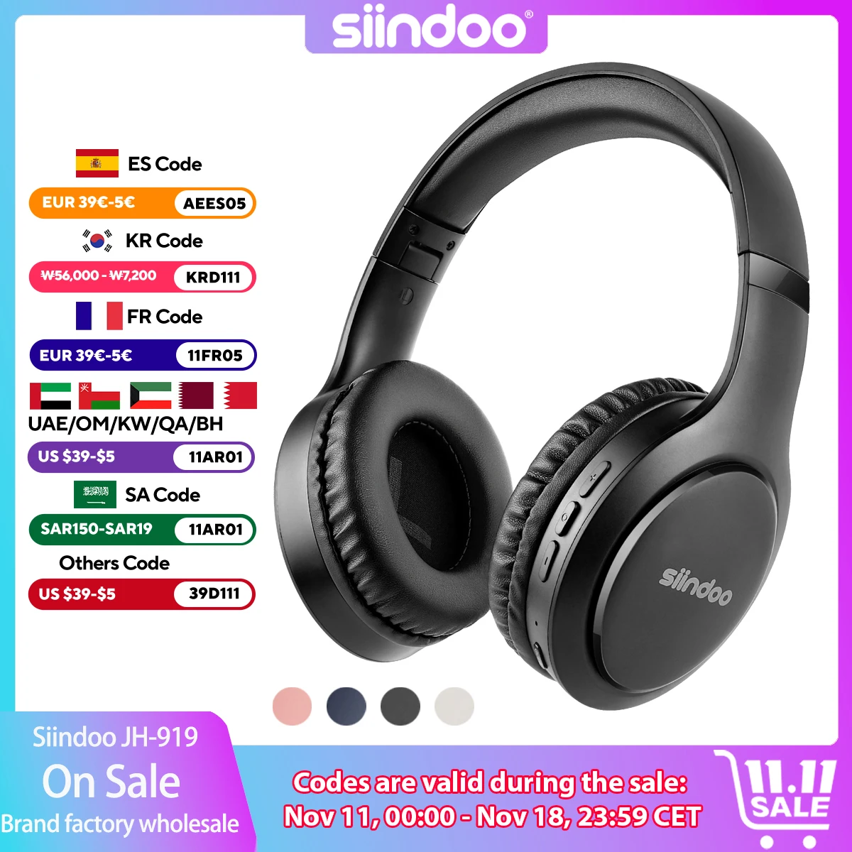 Siindoo JH-919 Cuffie Bluetooth senza fili Auricolari stereo pieghevoli Microfono con riduzione del rumore Super Bass per Iphone Laptop PC TV