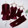 Abito pigiama in velluto bordeaux donna 4 pezzi Kimono Robe camicia da notte Set Sleepwear Lady