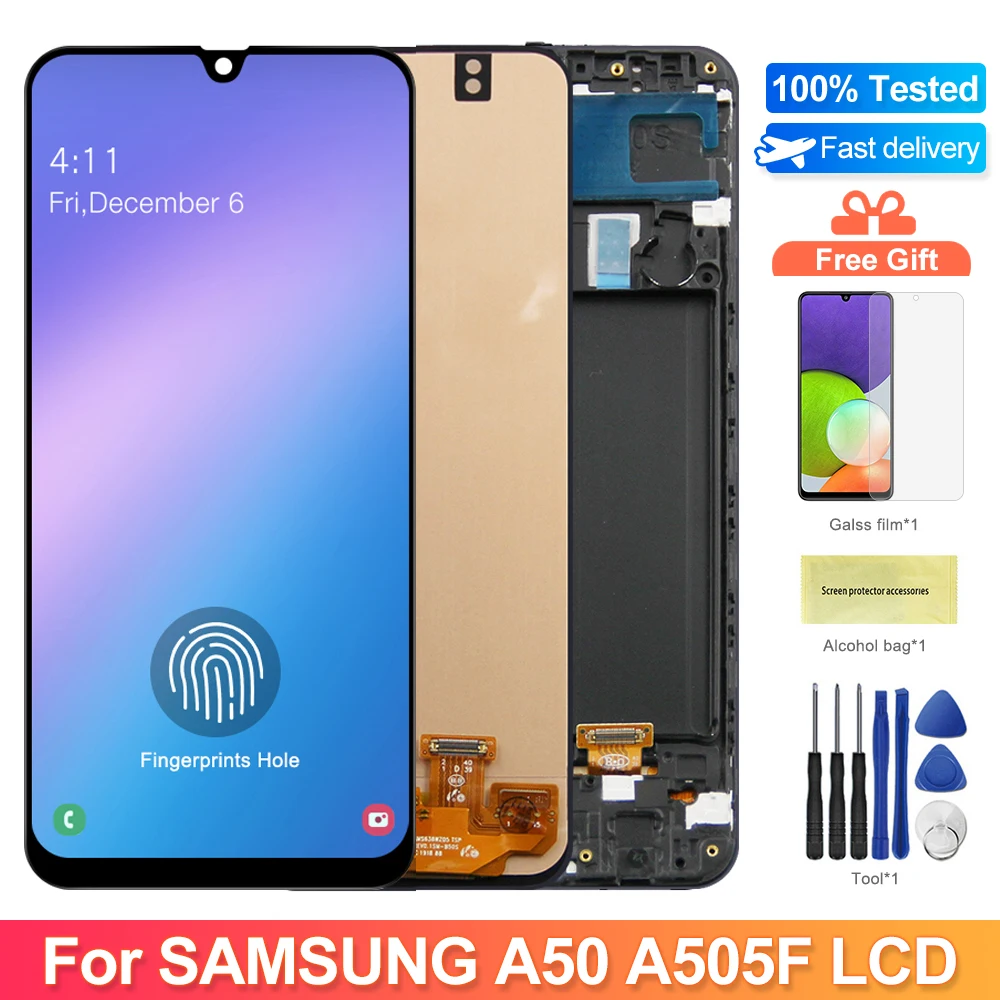 6.4 ''Super AMOLED A50 A505F A505F/DS Schermo con Cornice per Samsung Galaxy A50 Display LCD Touch Screen Digitizer Parti