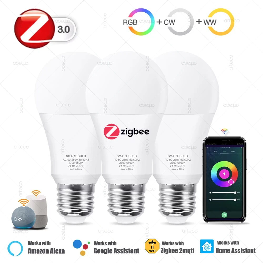 Zigbee E27 Lampadina a Led Alexa Lampada a Led Intelligente RGB CW WW Lampadine a Led Funziona con Smart App Assistente Domestico Z2M Google Zigbee 3.0 Hub