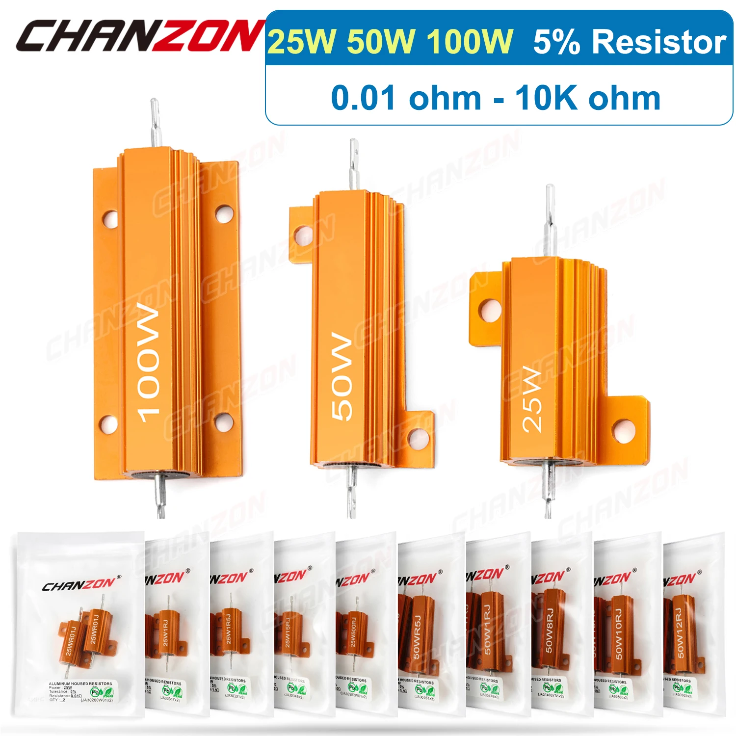 2 pezzi 25W 50W 10W resistore in alluminio a filo avvolto resistenza ad alta potenza 0,01 0,5 1 2 3 4 5 6 8 10 16 20 25 50 75 1K 10K ohm resistori