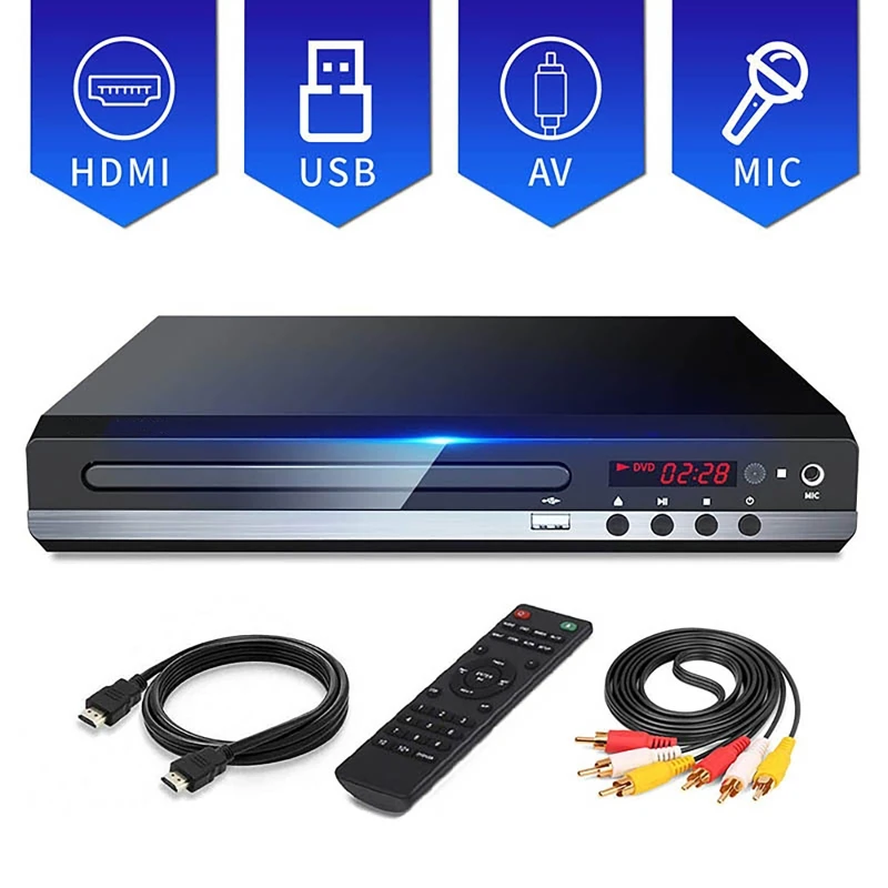Lettore DVD Lettore DVD domestico 1080P ad alta definizione per TV Lettore di dischi CD DVD gratuito per tutte le regioni Uscita AV Porta MIC integrata
