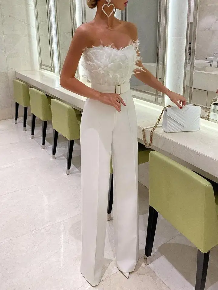 Tuta da donna elegante tuta lunga senza spalline slash neck tubo di piume top sexy moda festa notte tuta da sera 2021 estate