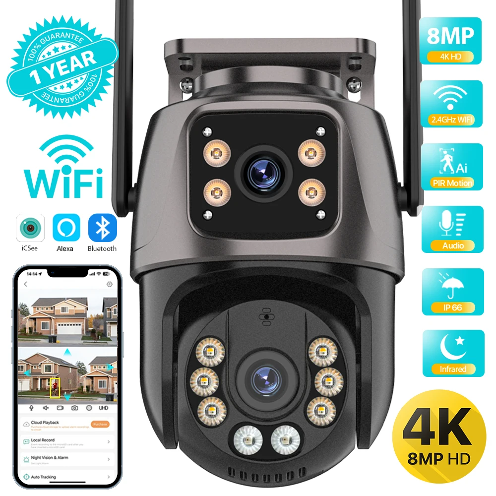 4K 8MP HD Wifi PTZ Telecamera Esterna 4MP Doppia Lente Doppio Schermo AI Auto Tracking Telecamera IP CCTV Audio Video Sorveglianza P2P iCSee
