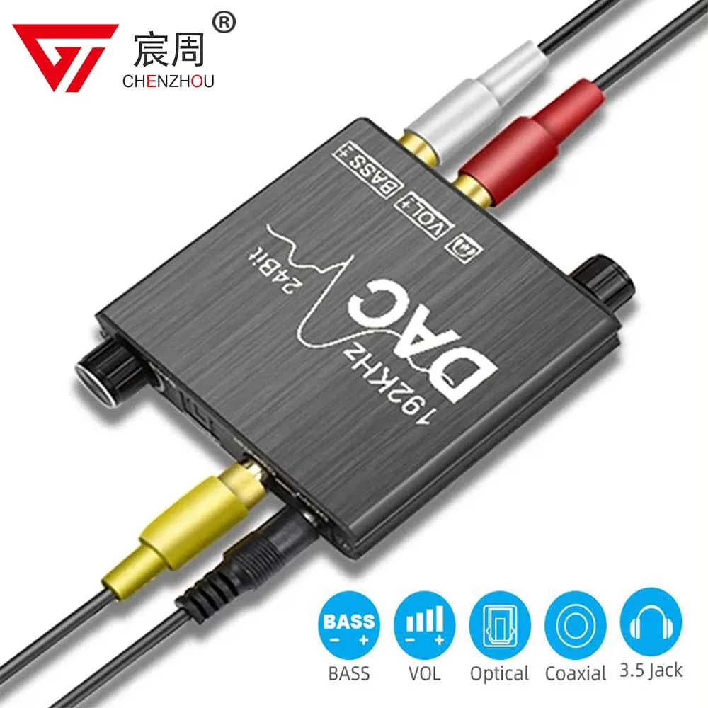 Convertitore Audio digitale-analogico DAC 192KHz/24Bit SPDIF digitale ottico Toslink coassiale ad analogico Stereo L/R RCA e Jack da 3.5mm Converter with Bass and Volume Adjustment for PS3 PS4 DVD