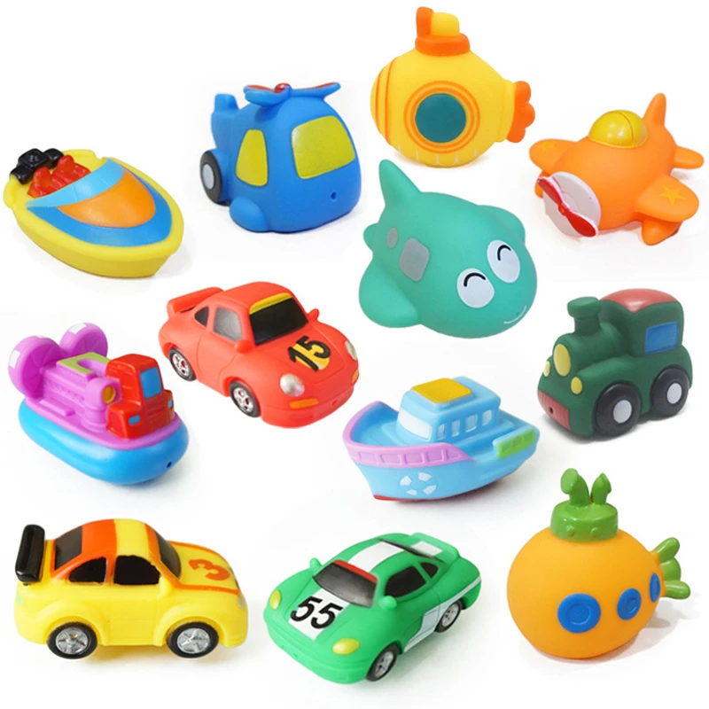 Giocattoli da Bagno, Giocattoli d'Acqua Galleggianti a Forma di Cartone Animato, Auto, Barca, Aereo in Gomma Morbida, con Suono e Spruzzo d'Acqua, Giocattoli per Bambini, Regali