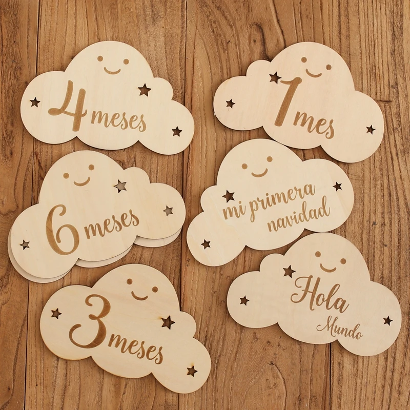 8 pz/set Carta di Pietra miliare Del Bambino di Legno Per Il Neonato Carino Forma di Nuvola Fotografia Puntelli Accessori Mese Carte Adesivo Regali Neonato