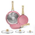 Innerwell Pink Pan Set 6-Piece Frying Pan Set with Lid Pan Coated 20 + 24 + 28 cm Pan for Induction PFOA-Free Suitable for All Hobs