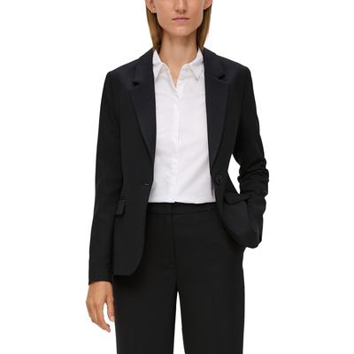Kurzblazer S.OLIVER BLACK LABEL, Damen, Gr. 34, schwarz, Web, Obermaterial: 47% Polyester, 47% Viskose, 6% Elasthan, unifarben, casual, regular fit hüftlang, V-Ausschnitt, Langarm, Blazer, mit Stretch und 1-Knopf-Verschluss Image