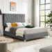 Queen Gray Platform Bed Frame w/ Stripe Headboard & Wood Slat Support