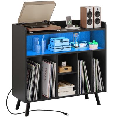 Moasis Record Player Stand Storage with Power Outlets and LED Lights