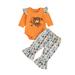 Toddler Kids Boys Girls Outfits Pumpkin Letters Prints Long Sleeves Romper Bell Bottom Pants 3pcs Set Outfits 18-24 Months