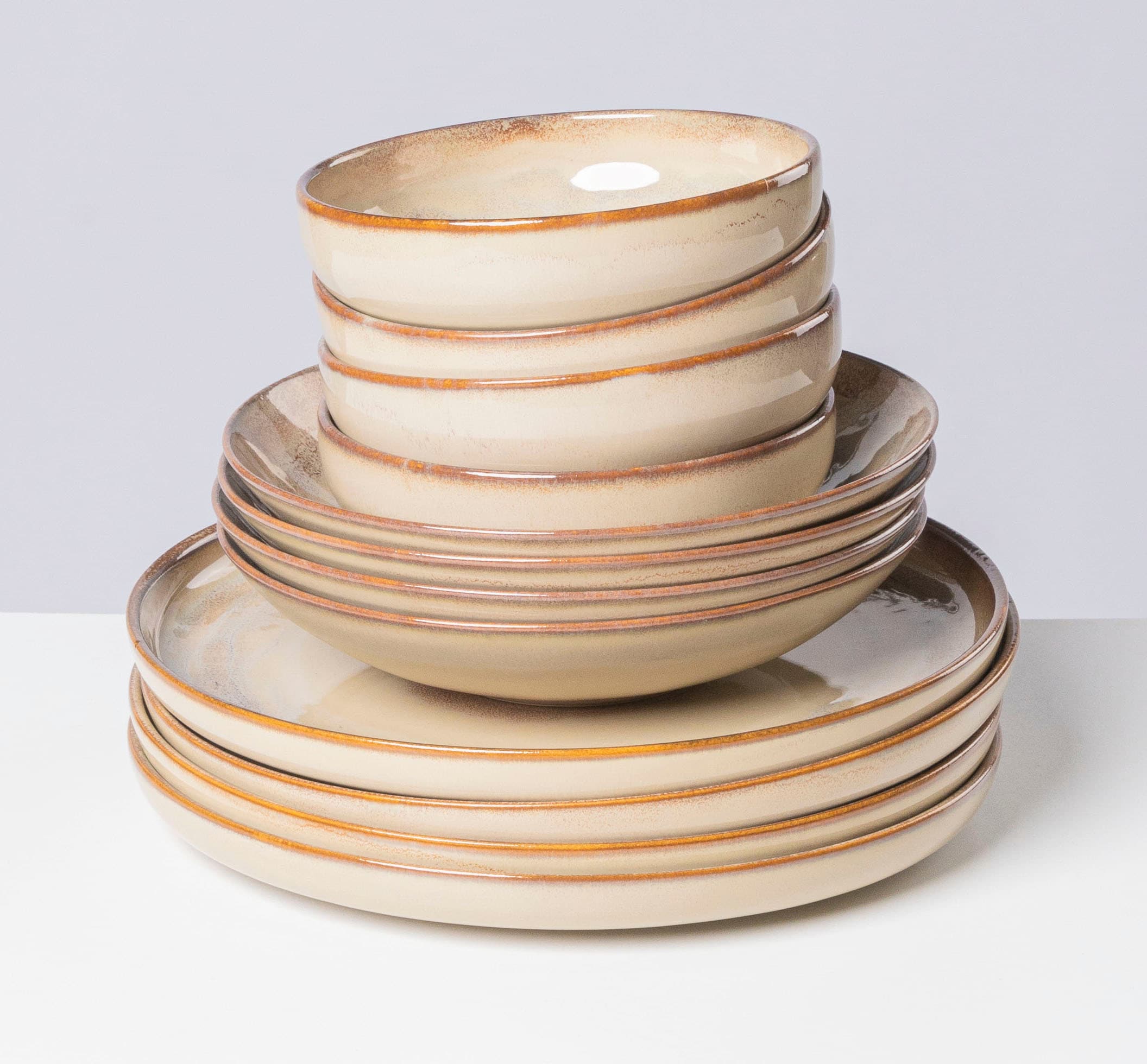 Tafelservice GIPFELSTÜCK "Geschirr-Set, Service Nebelwald", beige, 12 Stk., Steinzeug, Geschirr-Sets, Tafelservice, Scandi-Style, jedes Stück ein Unikat, 12 Teile, für 4 Personen