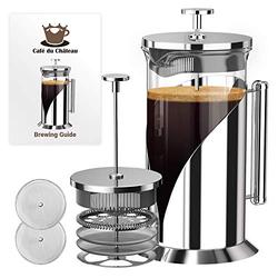 Cafe Du Chateau French Press Coffee Maker, Large Cafetiere - Stainless Steel Coffee Press & Tea Brewer, Coffee Brewer & Plunger, 4-Level Filtration French Press, 34oz