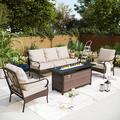 Lark Manor™ Arwand Outdoor Patio Conversation Set w/ Fire Pit Table & Ottomans Synthetic Wicker/All - Weather Wicker/Wicker/Rattan | Wayfair