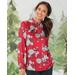 Appleseeds Women's Floral Ruffle-Trim Popover Blouse - Red - L - Misses