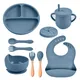 Mother Kids 8PCS Baby Silicone Feeding Set Bibs Sucker Dinner Plate Antislip Bowl Spoon Cup