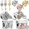 Silver 925 Fit Original Pandora Bracelet Lock Key Treasure Chest Love Gold-Plating Rose Gold Plated