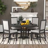5-Piece Extendable Round Table & 4 Upholstered Chairs, Farmhouse Style Set for Kitchen & Dining Room, Black