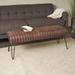 Brown Leather Upholstered Bench with Linear Tufted Panels and Black Metal Hairpin Legs