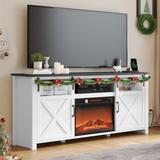 Gracie Oaks Shawnna Farmhouse Fireplace TV Stand w/ Power Outlet for 70+ Inch TV, Sliding Barn Glass Door Wood in Black | Wayfair