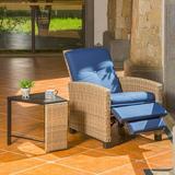 Domi Indoor & Outdoor Recliner All-Weather Wicker Reclining Patio Chair with Side Table Blue Cushion (Blue)