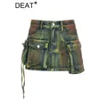 DEAT gonne di jeans da donna Tie-dye verde irregolare impiombato tasche Multiple minigonna Cargo