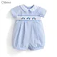 2024 Baby Boy Smocked Blue Romper Children Embroidered Car Jumpsuit Peter Pan Collar Spanish