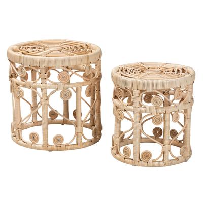 Bowie Modern Bohemian Natural Brown Rattan 2-Piece Nesting End Table Set by Bali & Pari in Natural Brown