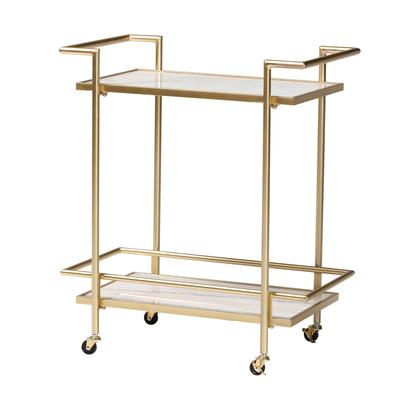 Louise Contemporary Glam And Luxe Gold Metal And White Marble 2-Tier Wine Cart by Baxton Studio in Gold White Marble