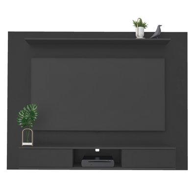Ebern Designs Melisandra Multi Storage Wall for 70 inch TVs, Floating TV Stand w/ 2 Sliding Doors & Shelves Wood in Black | Wayfair
