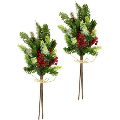 Winterliche Kunstpflanze I.GE.A. "Kunstzweig, Dekozweig aus Kunststoff, Weihnachtsdeko", bunt (grün, rot), B:18cm H:40cm T:10cm, Kunststoff, Kunstpflanzen, mit echten Zapfen, Beeren und Schleife, geeist, 2er Set, grün, rot Image