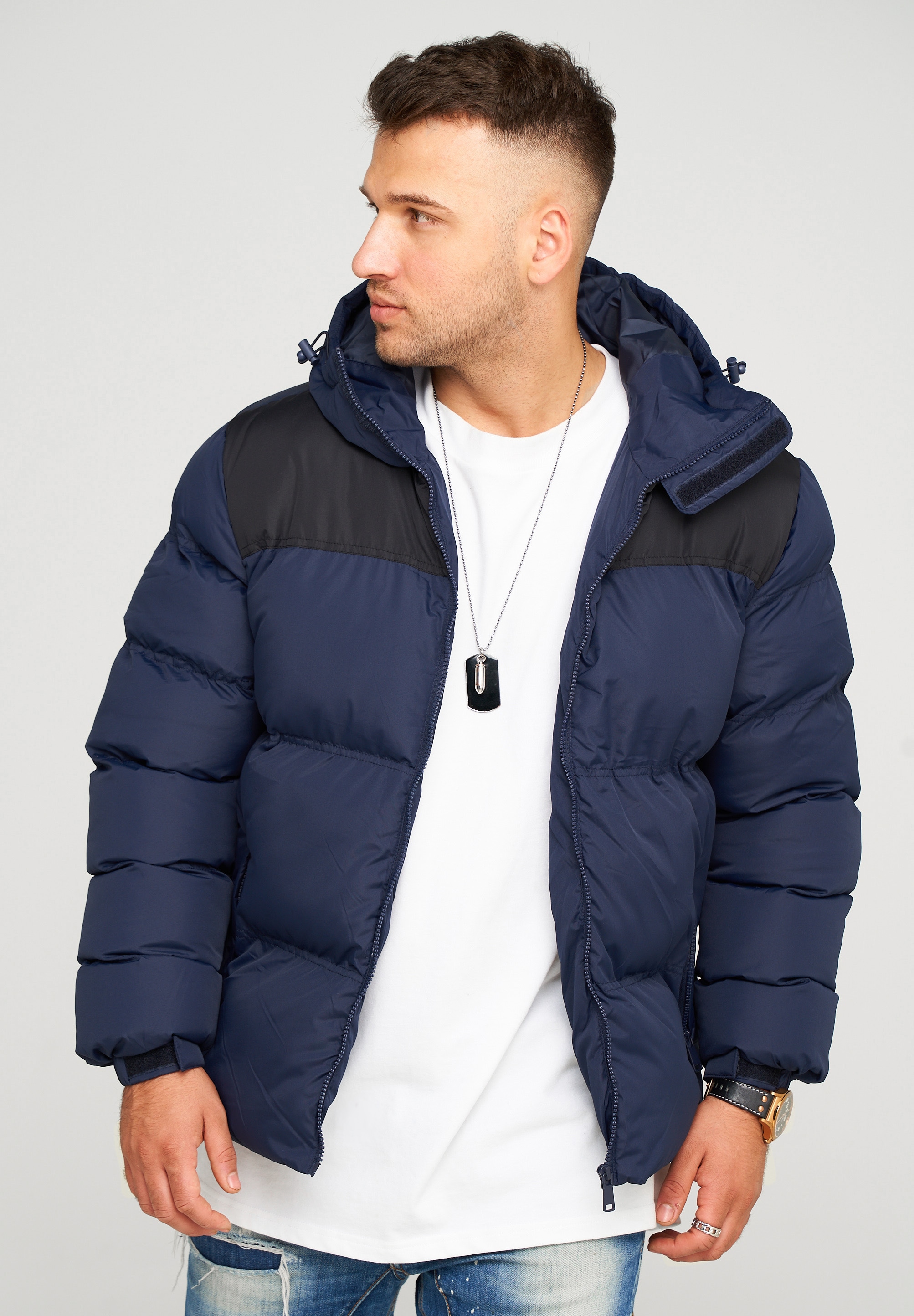 Steppjacke BEHYPE "BHROLLIN-PANEL", Herren, Gr. M, blau (dunkelblau), 100% Polyester, unifarben, normal, ohne Ausschnitt, Jacken, mit Kapuze Image