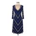 Calvin Klein Casual Dress - A-Line Plunge 3/4 sleeves: Blue Chevron/Herringbone Dresses - Women's Size 8