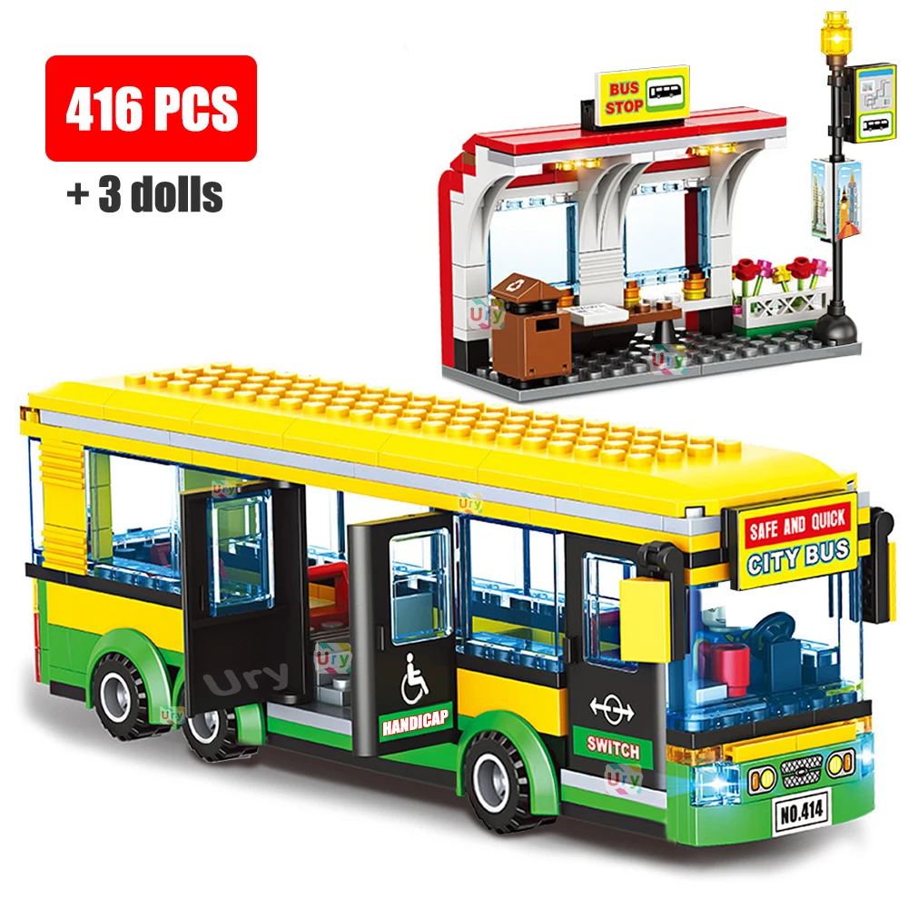 Stadt Auto gelbe Passagiers chule Bus haltestelle Einzel deck öffentliche Set Figuren Modell Bausteine DIY Spielzeug für Jungen Geschenke Image