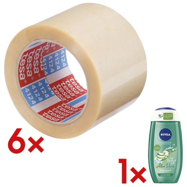 tesa 6x Packband »4124« 75 mm extrabreit inkl. Duschgel »My Moment Aloe Vera« 250 ml transparent